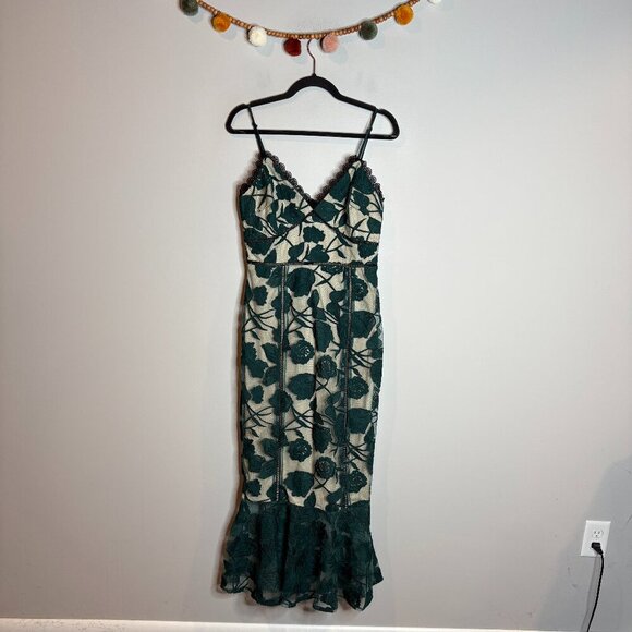 Lulu's Alluring Dream Emerald Green Floral Mesh Lace Trumpet Midi Dress - Picture 2 of 6